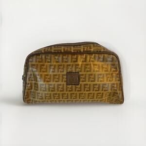 Fendi Zucchino Logo Zip Pouch Pattern PVC Clutch Brown Tan Vintage Bag authentic